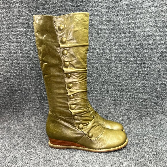 Miz Mooz Bloom Boots Womens 10 Olive Green Leather Tall Button Victorian Vintage - Picture 1 of 14